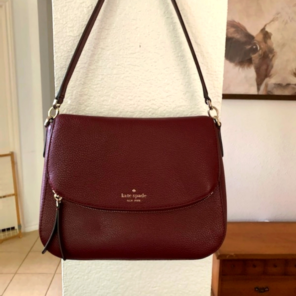 Kate Spade Jackson Medium Cherrywood Flap Leather Bag Handbag Crossbody Purse